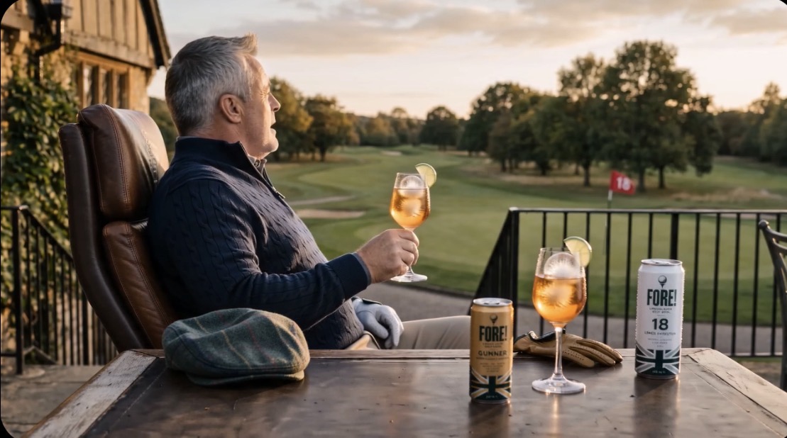 A golfer relaxing on the clubhouse terrace with a golden drink over ice and FORE! concept cans