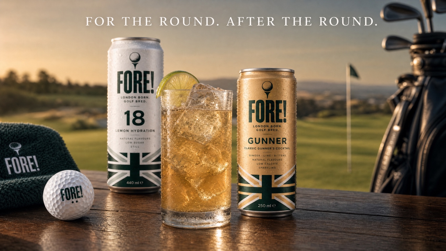 FORE! 18 and golden FORE! Gunners concept cans beside a drink over ice on a golf-course terrace